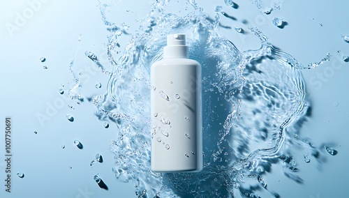 High-resolution shampoo bottle surrounded by fresh water droplets