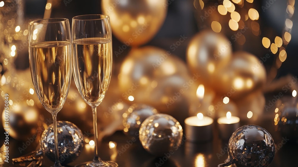 Elegant champagne glasses with golden balloons and lights, creating a festive celebration atmosphere with candles and decorations. Elegant champagne glasses with golden balloons and lights, creating a festive celebration atmosphere with candles and decorations.