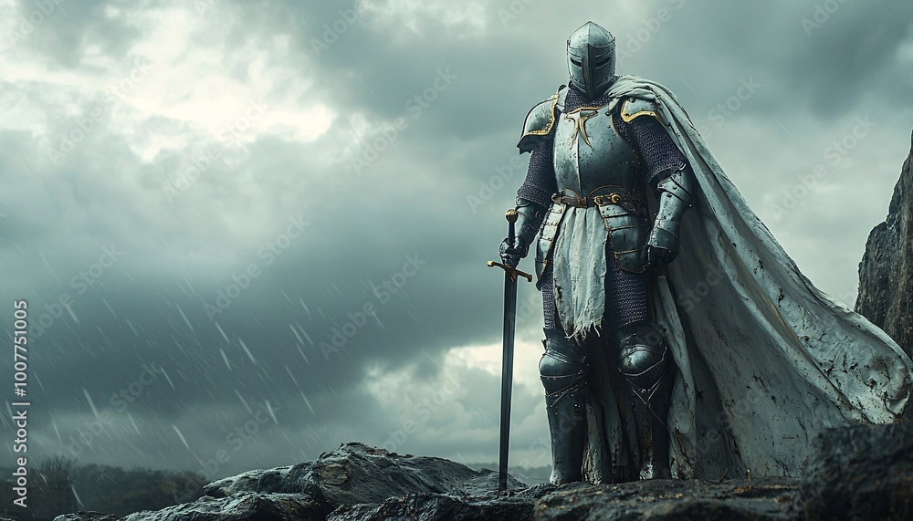Bravery Unleashed: Determined Knight in Shining Armor Defending against the Storm on Rocky Cliff - Medium Shot Bravery Unleashed: Determined Knight in Shining Armor Defending against the Storm on Rocky Cliff - Medium Shot