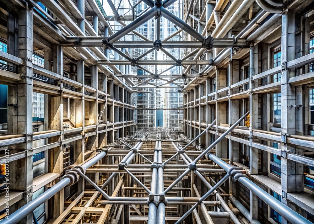 A mesmerizing geometric pattern emerges from a sprawling urban construction site, with stark concrete, steel beams, and A mesmerizing geometric pattern emerges from a sprawling urban construction site, with stark concrete, steel beams, and