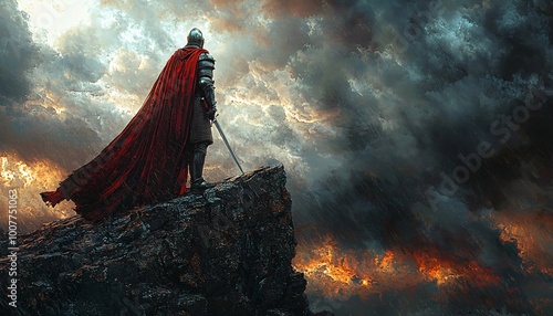 Knight of Courage: Fearless Warrior in Shining Armor Defends Against the Tempest on Rocky Cliff - Medium Shot