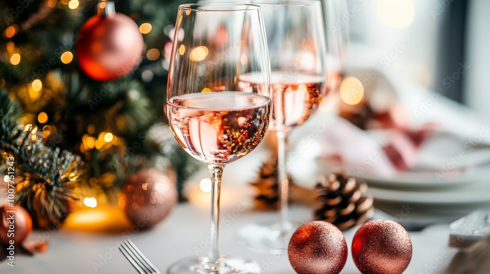 Elegant Christmas dinner setting with glasses of rose wine, festive decorations, and illuminated tree in background, perfect holiday atmosphere. Elegant Christmas dinner setting with glasses of rose wine, festive decorations, and illuminated tree in background, perfect holiday atmosphere.