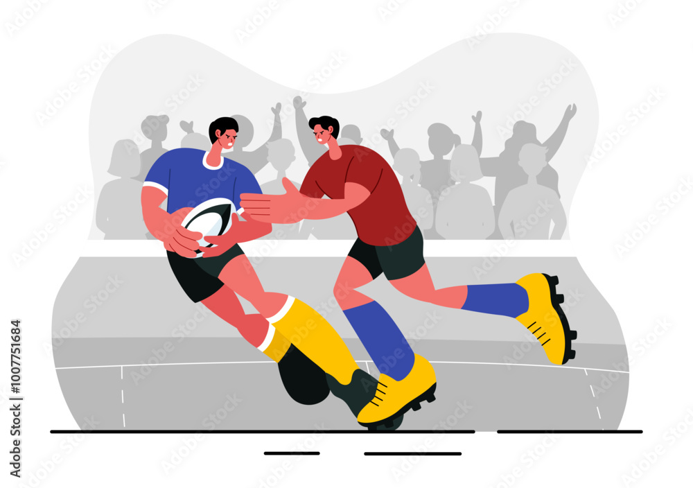Fototapeta premium Rugby Player Running and Catching the Ball Vector Illustration in a Championship Sport or Tournament in a Stadium with a Flat Style Cartoon Background