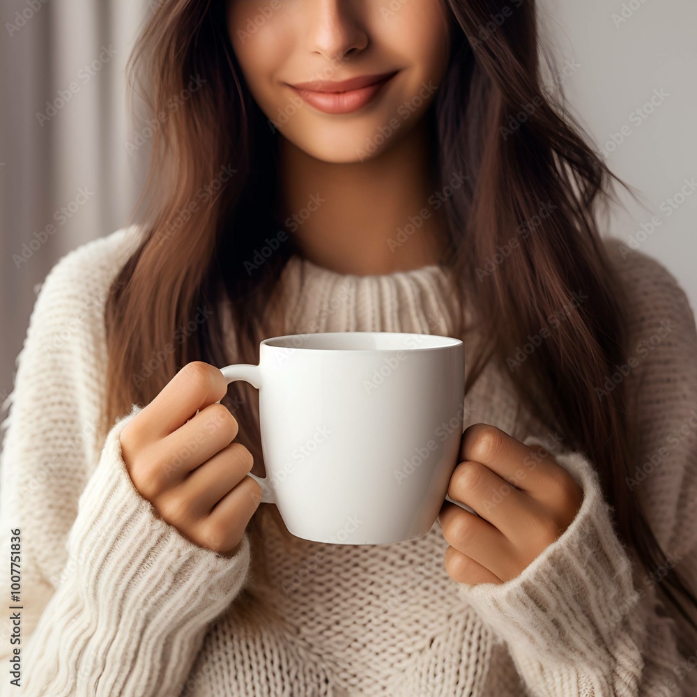 Woman with Dark Hair Wearing a Beige Sweater Holding a Blank White Mug, Fall/Winter Editorial Images Woman with Dark Hair Wearing a Beige Sweater Holding a Blank White Mug, Fall/Winter Editorial Images