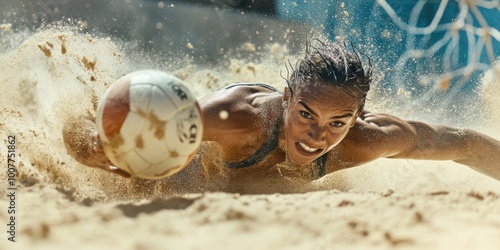 a woman is playing volleyball in the sand
