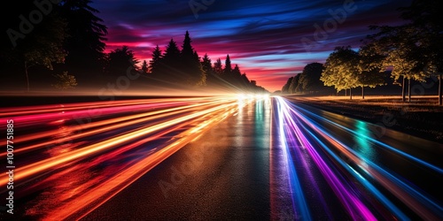 A Nighttime Road Lit by Streaks of Colorful Light, a Symphony of Speed on a Wet Asphalt Canvas