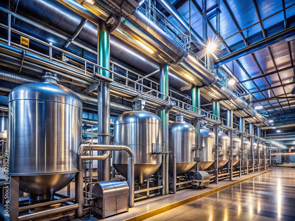 A modern industrial facility with rows of shiny metal tanks and pipes, filled with compressed natural gas, illuminated A modern industrial facility with rows of shiny metal tanks and pipes, filled with compressed natural gas, illuminated