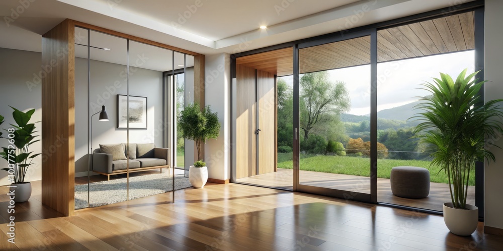 A modern, minimalist interior features a sleek glass door and adjacent window, both adorned with clean lines and A modern, minimalist interior features a sleek glass door and adjacent window, both adorned with clean lines and