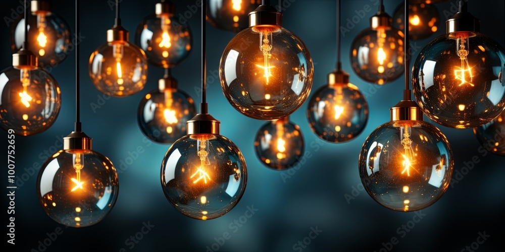 A Cluster of Glowing Glass Bulbs, Suspended in a Warm and Atmospheric Setting, Creates a Captivating Display of Light and Shadow. A Cluster of Glowing Glass Bulbs, Suspended in a Warm and Atmospheric Setting, Creates a Captivating Display of Light and Shadow.