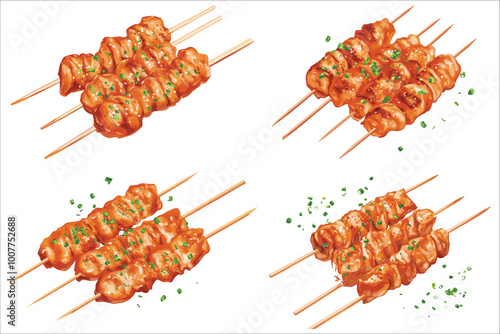 Grilled meat and vegetables on grill, Grilled shish kebab set,  Delicious shish kebab, shish kebab on skewers vector illustration