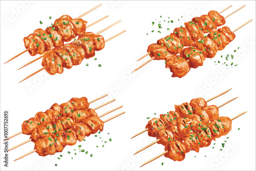 Grilled meat and vegetables on grill, Grilled shish kebab set,  Delicious shish kebab, shish kebab on skewers vector illustration