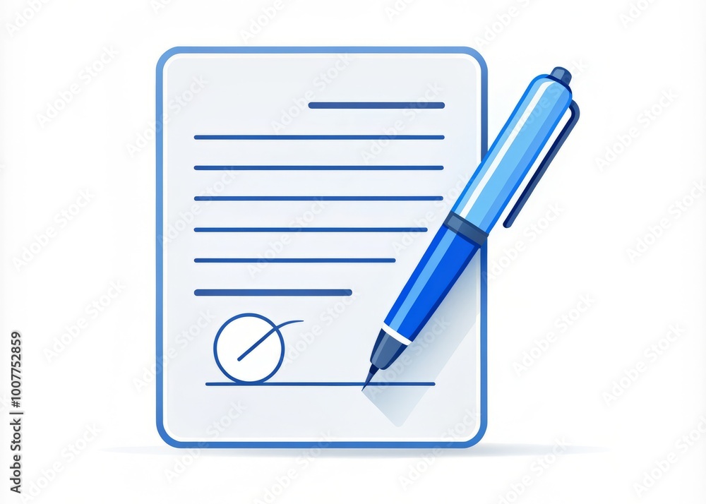 A modern, sleek, and minimalist illustration of a contract icon, represented by a stylized document with a blue A modern, sleek, and minimalist illustration of a contract icon, represented by a stylized document with a blue