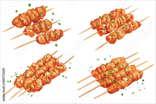 Grilled meat and vegetables on grill, Grilled shish kebab set,  Delicious shish kebab, shish kebab on skewers vector illustration