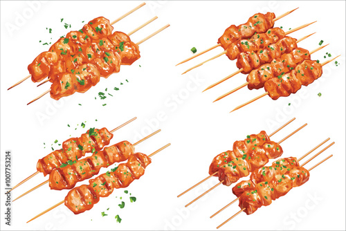 Grilled meat and vegetables on grill, Grilled shish kebab set,  Delicious shish kebab, shish kebab on skewers vector illustration