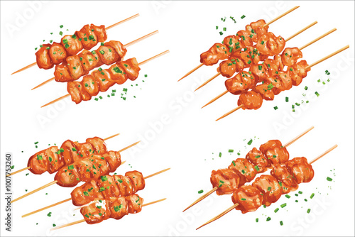 Grilled meat and vegetables on grill, Grilled shish kebab set,  Delicious shish kebab, shish kebab on skewers vector illustration