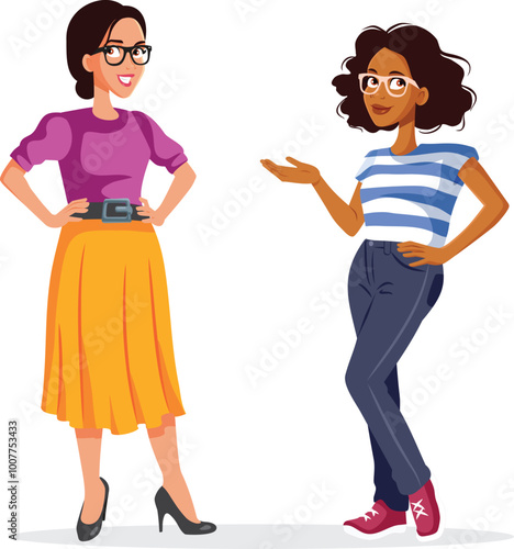 Young Trendy Casual Woman Presenting Together Vector Cartoon. Two beautiful girls promoting and recommending some products
