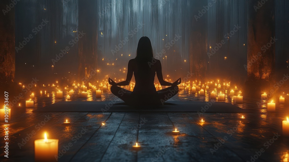 A woman sits in meditation surrounded by candles in a dimly lit forest setting. A woman sits in meditation surrounded by candles in a dimly lit forest setting.
