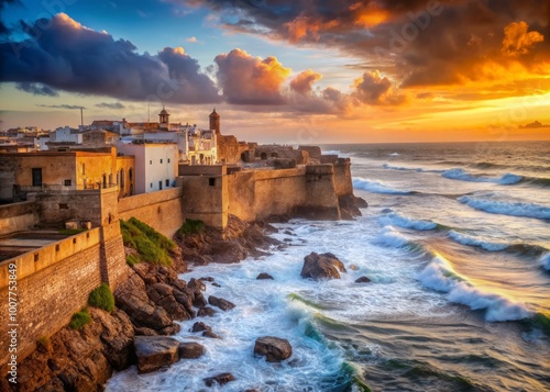 Ancient Portuguese fortress walls and bastions meet the Atlantic Ocean's crashing waves and rugged coastline in this