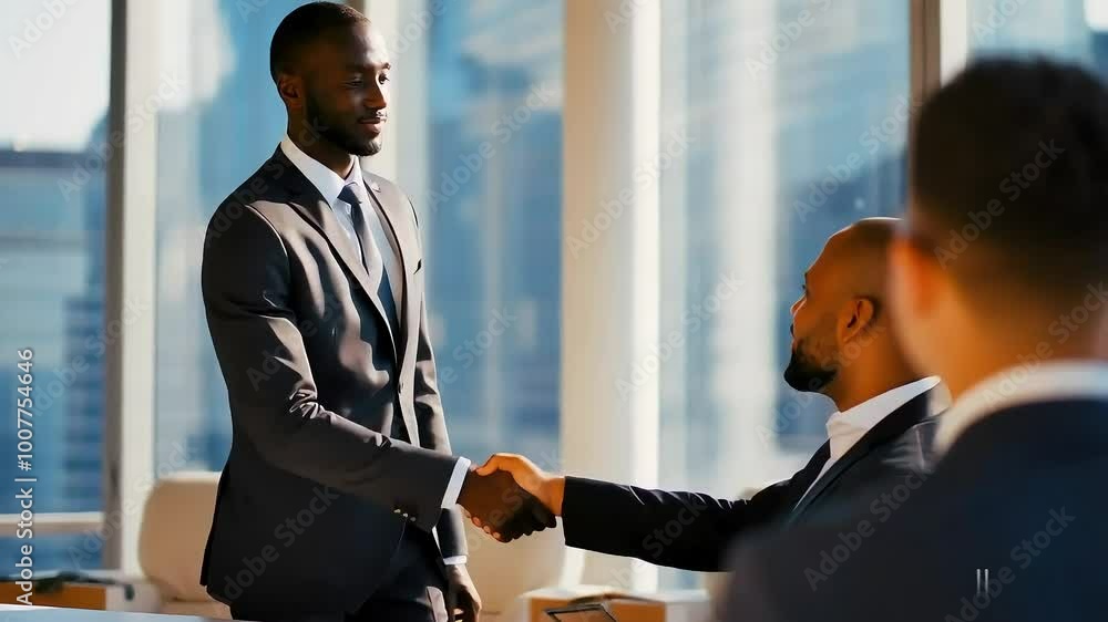 Medium Shot of Black Businessman in Suit Shaking Hands with Partners in Front of Panoramic Windows Medium Shot of Black Businessman in Suit Shaking Hands with Partners in Front of Panoramic Windows