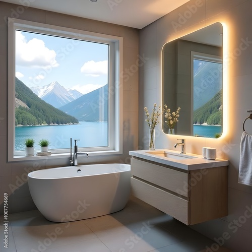 Wallpaper Mural stylish  bathroom interior with bathtub high cualeti mirror lighting compelet washroom with bathroom on the gust widow in the waterfront with mountains and blue sky
 Torontodigital.ca