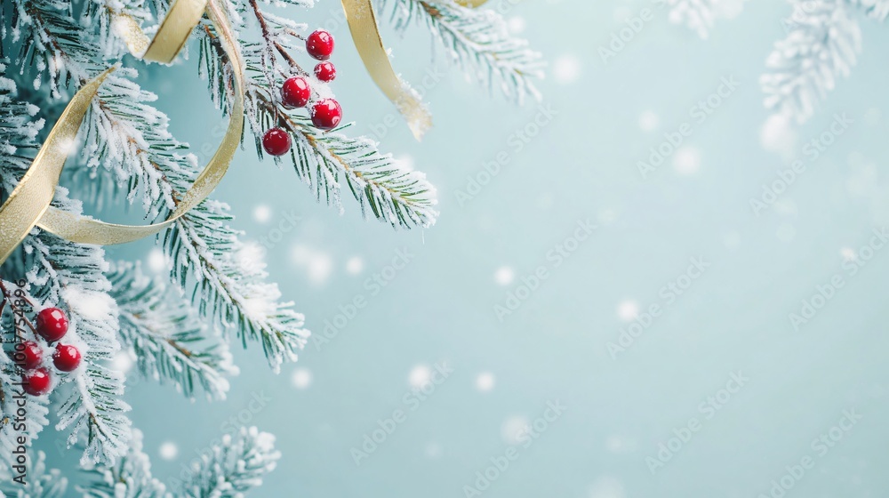 Snowy pine branches with red berries and gold ribbon on a blue background. Snowy pine branches with red berries and gold ribbon on a blue background.