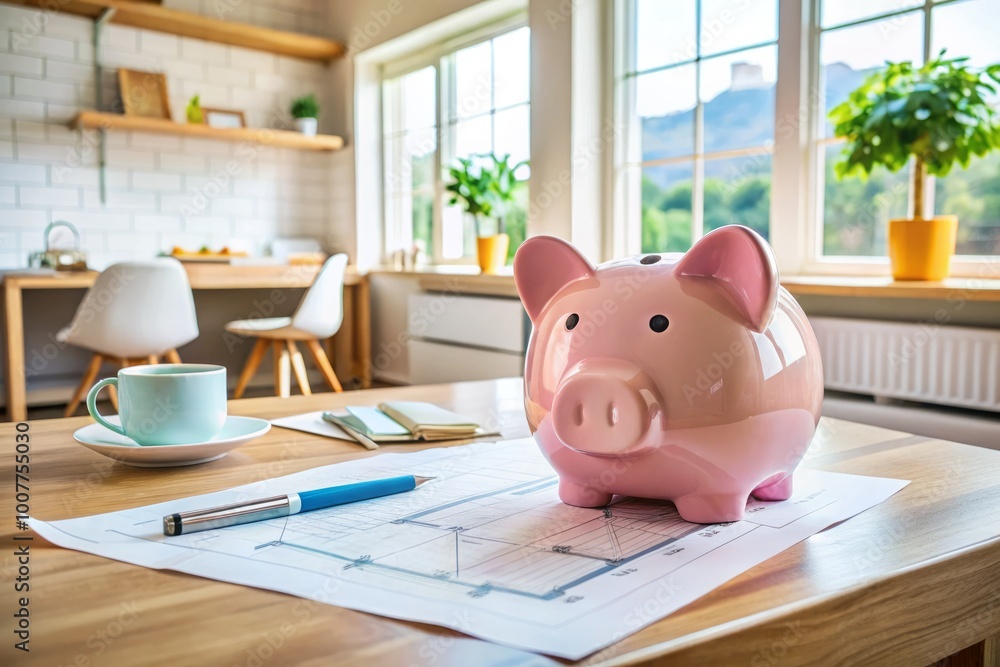 A organized home office with renovation plans, budget spreadsheets, and piggy bank on desk, symbolizing smart financial A organized home office with renovation plans, budget spreadsheets, and piggy bank on desk, symbolizing smart financial