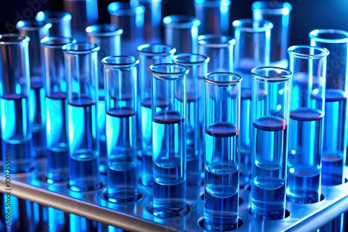 A precise arrangement of identical glass test tubes on a laboratory bench, filled with glowing blue liquid, showcases photo