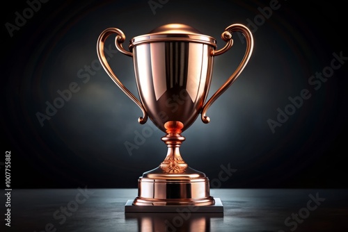 A prestigious copper award trophy sits isolated on a sleek, dark background, its intricately designed curves and lines photo