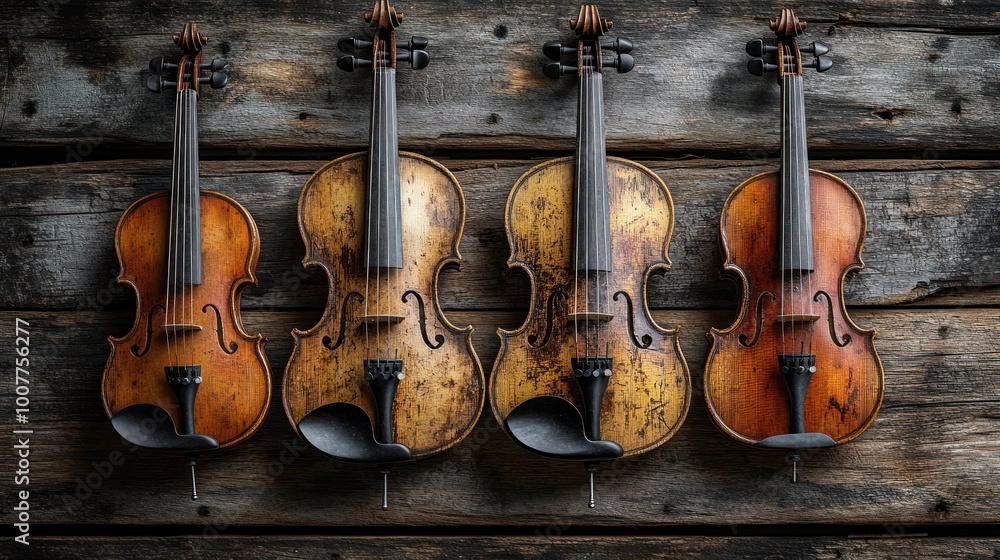 Naklejka premium Four vintage violins displayed against a wooden backdrop.