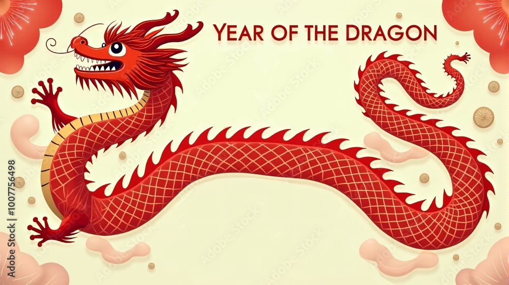 Obraz premium Chinese zodiac-themed banner showing the Year of the Dragon, with a vibrant, artistic dragon wrapping around bold Chinese characters symbolizing prosperity.