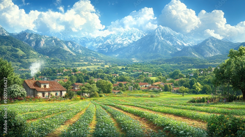 Fototapeta premium Scenic landscape featuring mountains, fields, and a cozy cottage.