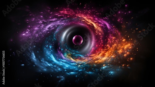 Cosmic Dance of Light and Nebulae A swirling vortex of energy, illuminated by vibrant hues of pink, orange, and blue, converging towards a mysterious central sphere.