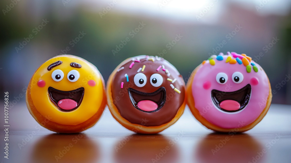Delightful smiling donuts celebrate National Fast Food Day with bright colors and fun designs Delightful smiling donuts celebrate National Fast Food Day with bright colors and fun designs