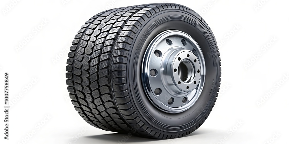 Obraz premium A rugged, heavy-duty commercial truck tire with deep treads and sidewall reinforcements, ideal for hauling heavy loads
