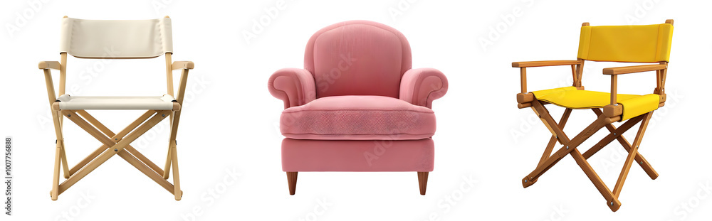 Set of 3 armchairs and director chairs isolated on transparent background Set of 3 armchairs and director chairs isolated on transparent background