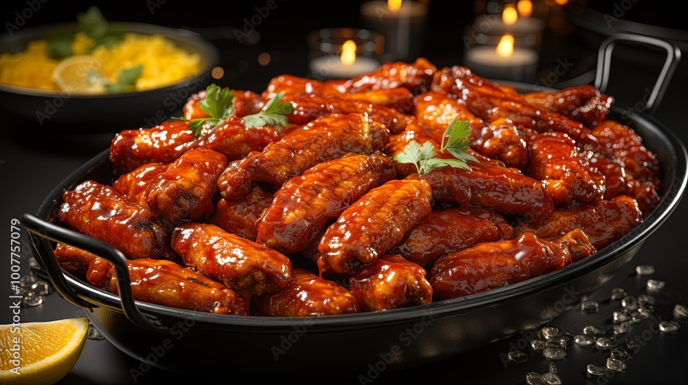 A plate overflowing with savory, glazed chicken wings, each coated in a rich, sticky sauce, a symphony of taste and texture waiting to be enjoyed. A plate overflowing with savory, glazed chicken wings, each coated in a rich, sticky sauce, a symphony of taste and texture waiting to be enjoyed.