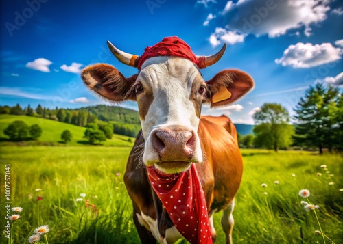 A rustic cow wears a vibrant red bandana, adding a touch of country charm to a lush green photo