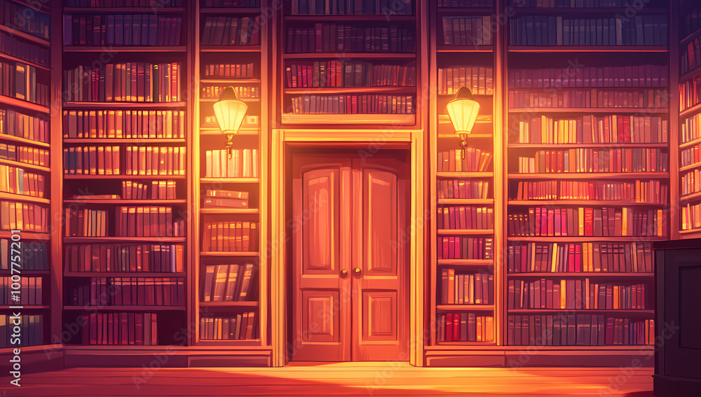 Cartoon-style library with colorful bookshelves and warm lighting Cartoon-style library with colorful bookshelves and warm lighting