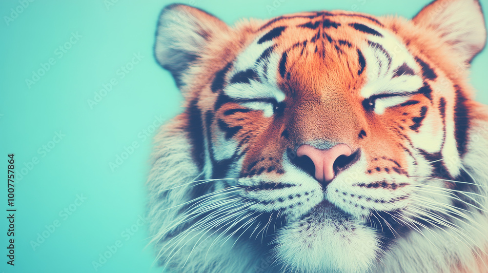 Obraz premium Close-up of a tiger's face with its eyes closed.