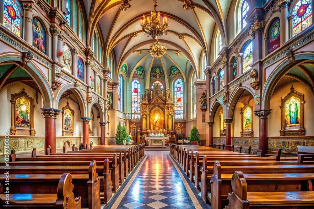 Fototapeta premium A serene and majestic Catholic church interior with ornate stained-glass windows, intricately carved wooden pews, and a