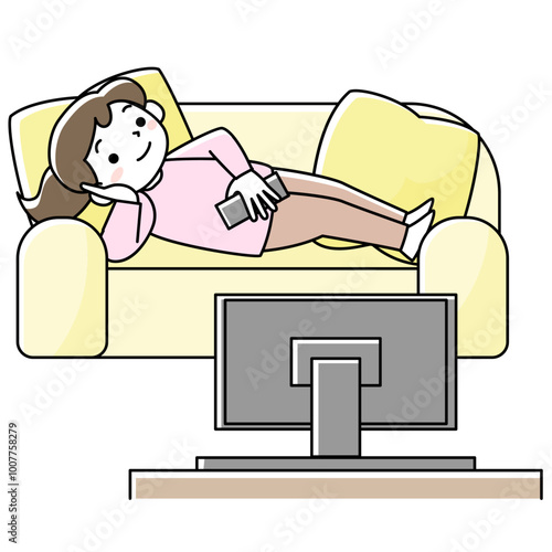 ソファでくつろぎながらテレビを見る女性