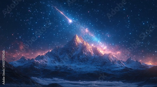 snowy mountains under a starry sky with a shooting star