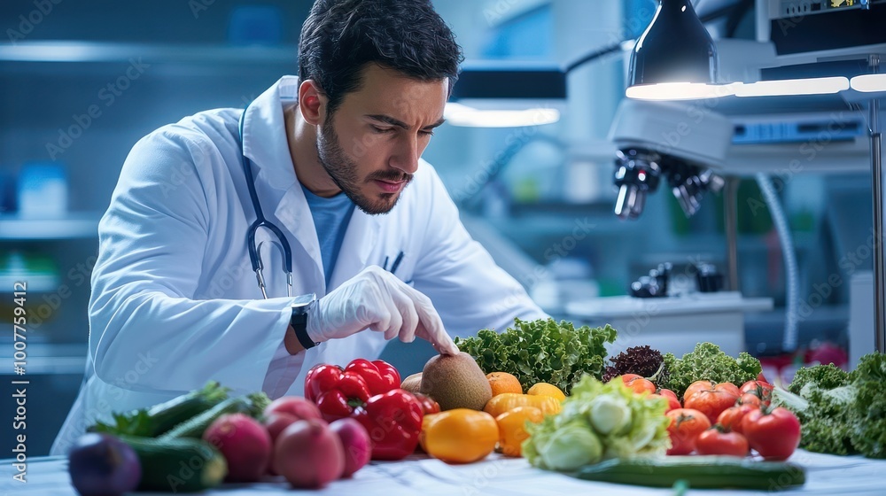 A scientist in a lab coat examines a kiwi fruit surrounded by vegetables. A scientist in a lab coat examines a kiwi fruit surrounded by vegetables.