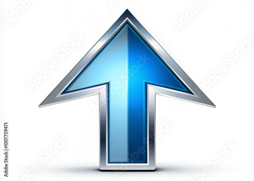 A shining, sleek, and modern upward arrow icon in bold silver and blue hues, conveying growth, progress, and