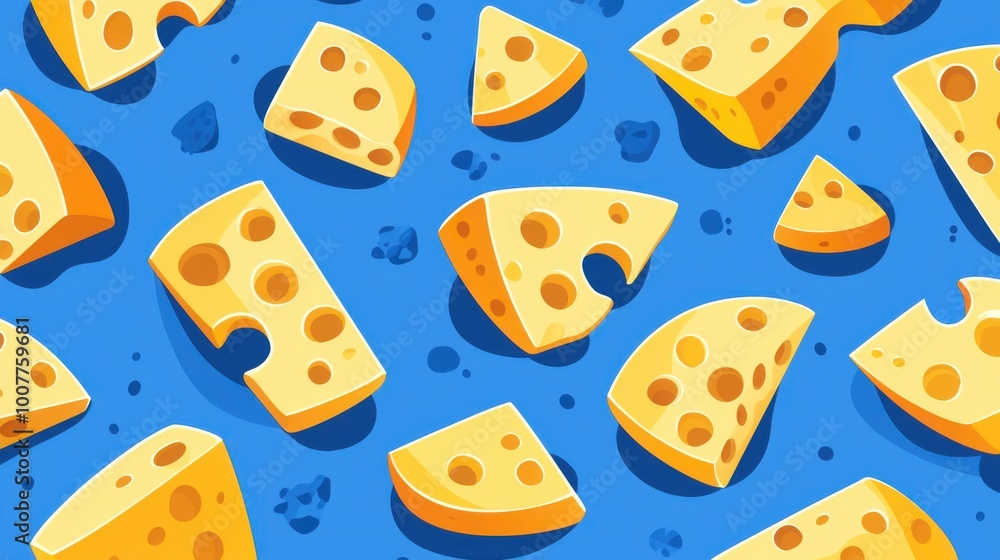 Illustration of cheese wedges stacked on top of one another in a layered seamless pattern Illustration of cheese wedges stacked on top of one another in a layered seamless pattern