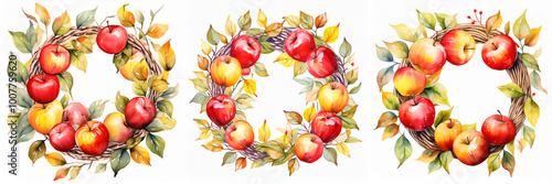 Set of Red and Yellow Apple Wreaths Isolated on White Background. Watercolor Illustration. Round Label Concept for Food Packaging. Circular Frame Design Element for Mason Jar Lid etc.