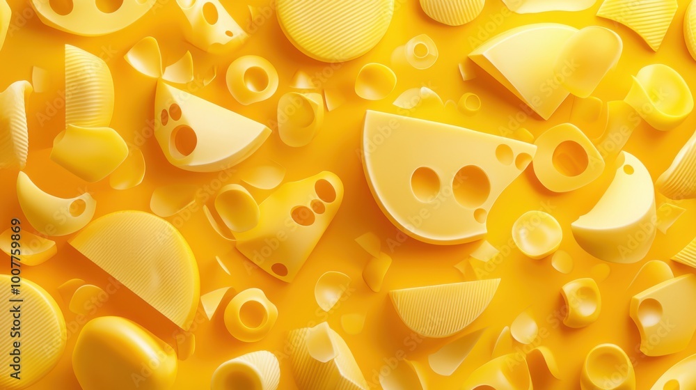 A repeating cheese illustration with a mix of cartoonish wheels and slices in bright yellow tones A repeating cheese illustration with a mix of cartoonish wheels and slices in bright yellow tones