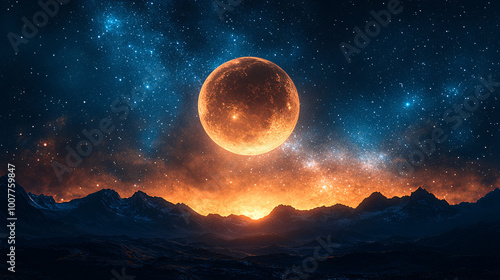 orange moon over starry night sky and mountain landscape