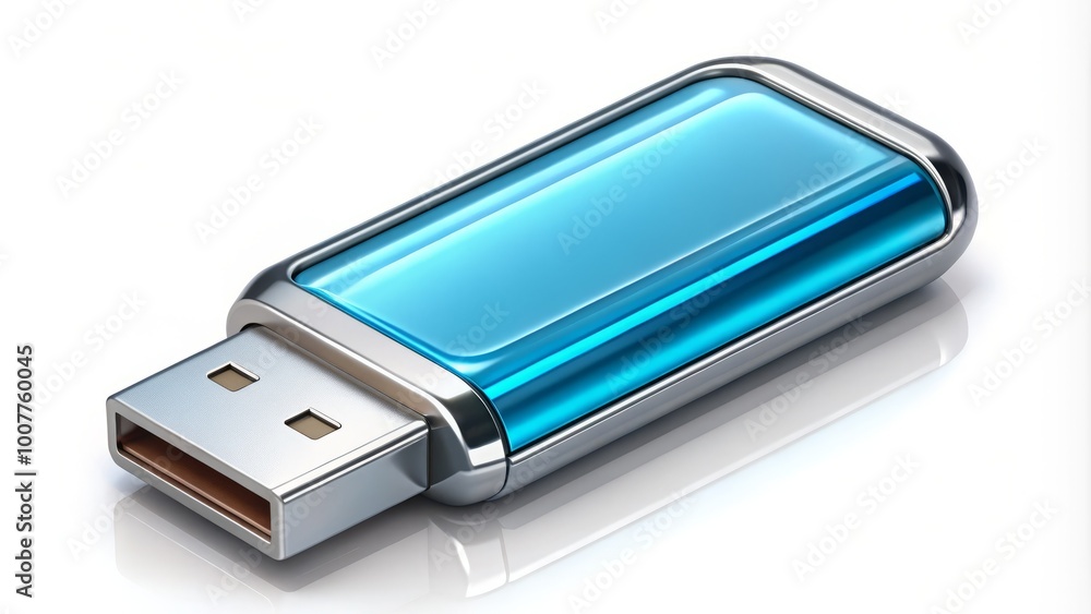 A shiny silver USB stick icon with a bright blue interior and a rounded edge, isolated on a A shiny silver USB stick icon with a bright blue interior and a rounded edge, isolated on a