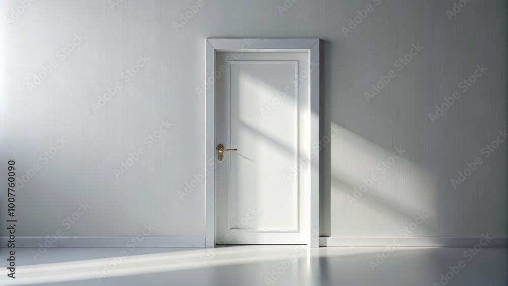 A simple, elegant, white door with a silver handle stands alone on a pure white background, surrounded by A simple, elegant, white door with a silver handle stands alone on a pure white background, surrounded by